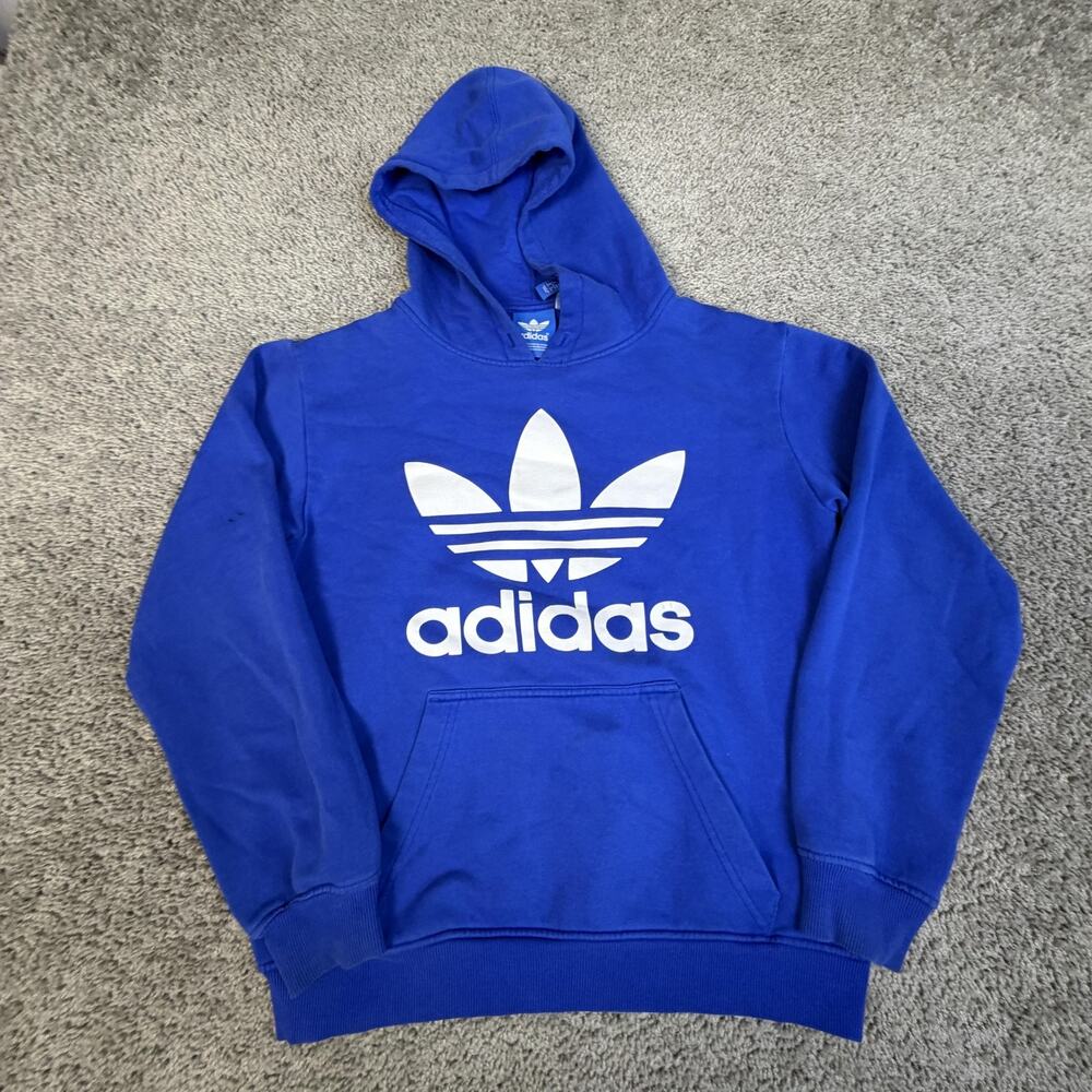 Adidas Hoodie Mens XS Blue Pullover Hooded Pockets Graphic Fleece Trefoil Logo